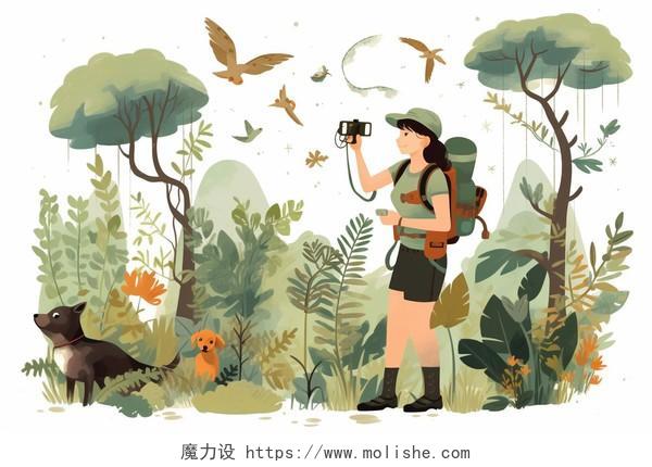 一个女人在丛林中探险卡通AI插画